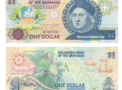 1992 Bahamas Money - One Dollar Gem Crisp Uncirculated Note Columbus  P 50