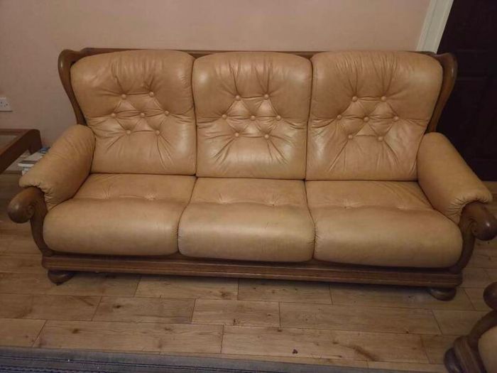Champagne Leather and Walnut Wood Sofas