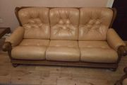 Champagne Leather and Walnut Wood Sofas