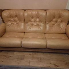 Champagne Leather and Walnut Wood Sofas