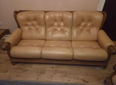 Champagne Leather and Walnut Wood Sofas