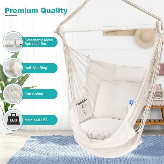 NEW SALE | Hammock Chair Hanging Swing 2 Seat Cushions Included,Strong Webbing Straps and Hooks for Easy Hanging Soft Cotton Weave Hanging Chair Side Pocket Large Tassel Chair Set Comfort Indoor Outdoor