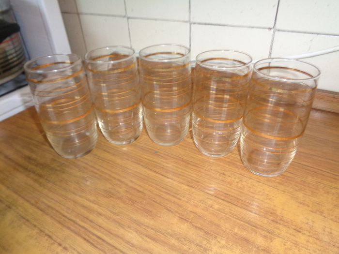 Vintage Gold Striped Drinking Glasses x 5 for Sale