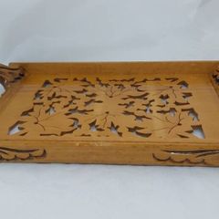 Antique Wood Tray With Carved Leaf Design.