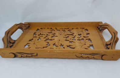 Antique Wood Tray With Carved Leaf Design.