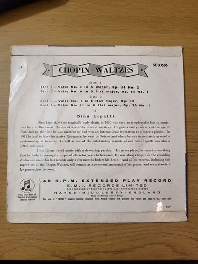 Chopin Waltzes No 1 Dinu Lipatti 7 inch EP Columbia SEB 3506