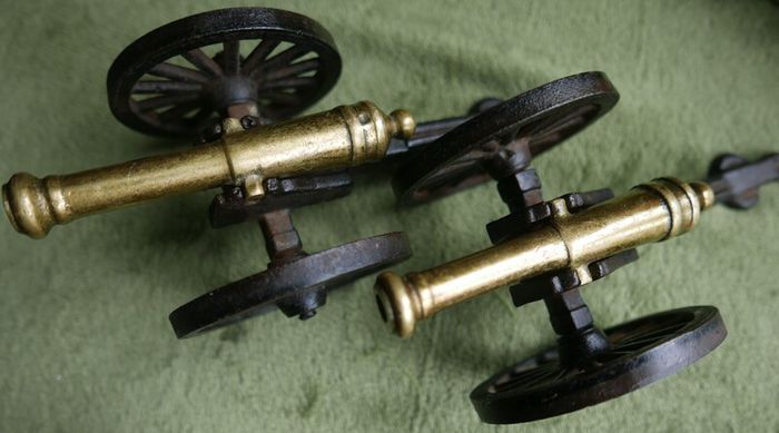 Vintage Brass and Cast Iron Cannons - Moving Wheels - Adjustable Mini Cannon - Set of 2