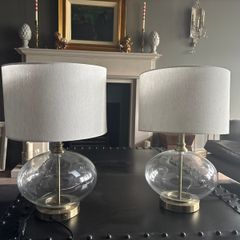 Pair of matching brass and glass table lamps