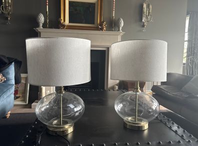 Pair of matching brass and glass table lamps