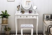 Dressing Table Vanity Set Vintage Desk Stool Mirror Makeup Furniture Shabby Chic Style Jewelry Cosmetic Storage 5 Drawers - White