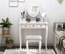 Dressing Table Vanity Set Vintage Desk Stool Mirror Makeup Furniture Shabby Chic Style Jewelry Cosmetic Storage 5 Drawers - White