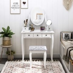 Dressing Table Vanity Set Vintage Desk Stool Mirror Makeup Furniture Shabby Chic Style Jewelry Cosmetic Storage 5 Drawers - White