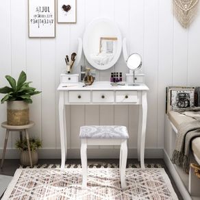 Dressing Table Vanity Set Vintage Desk Stool Mirror Makeup Furniture Shabby Chic Style Jewelry Cosmetic Storage 5 Drawers - White