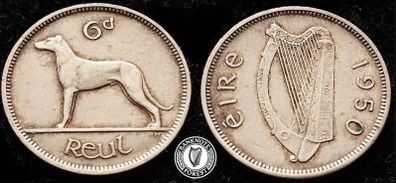 [#311] - Ireland 1950 | 6 Pence | Wolfhound |  KM.13a