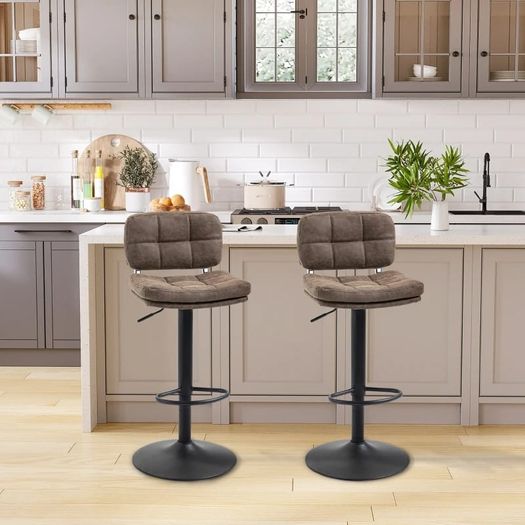 Set of 2 Button-Tufted Vintage Bar Stools - Swivel, Adjustable - Footrest - Brown PU