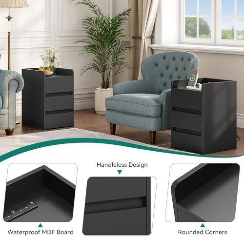 Bedside Table with 3 Drawers and Power Station, Modern Nightstand End Table, Water-Resistant Storage Side Table for Living Room and Bedroom, 35 x 40 x 59cm (Black)