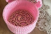 Crochet Storage Basket with Wooden Rose Lid