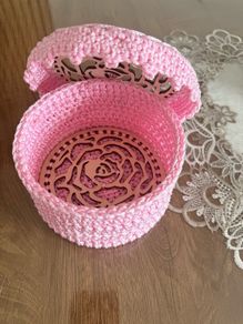 Crochet Storage Basket with Wooden Rose Lid
