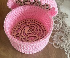 Crochet Storage Basket with Wooden Rose Lid