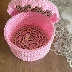 Crochet Storage Basket with Wooden Rose Lid