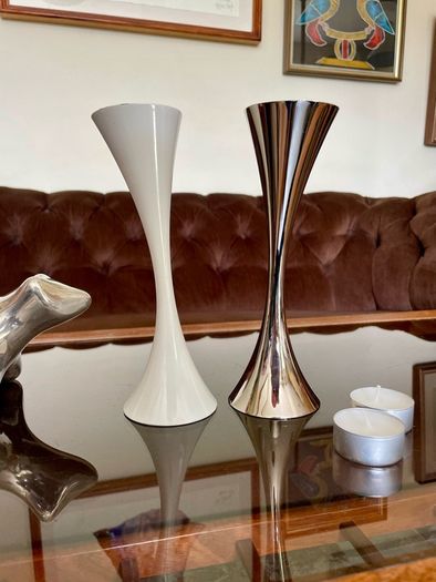 Vintage 20th Century Heavy Asymmetrical Stainless Steel and White Enamel Pair Of Candle Holders