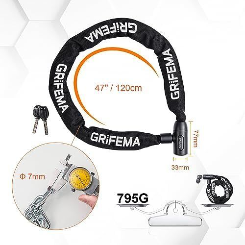 Bike Locks High Security with 2 Keys, Bike Chain Lock Heavy Duty, 120cm Bicycle/Cycling Locks for Bike Cycle, Moto, Door, Gate Fence, Black/White