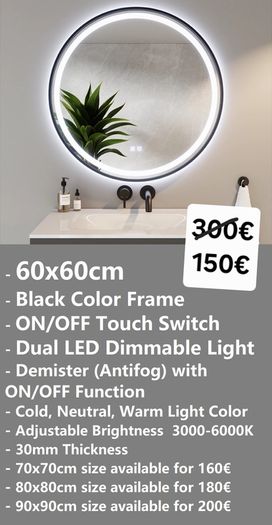 LED Bathroom Mirrors Selection Clock Speakers Bluetooth Demister Antifog Wi-Fi Weather Station Makeup