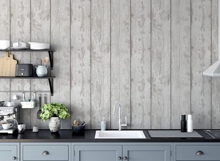 Grey Washed Wood Wallpaper - Panel Effect - Natural Weathered - Photographic Style - Realistic