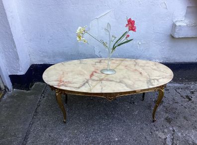 Vintage big oval marble top coffee table on metal base