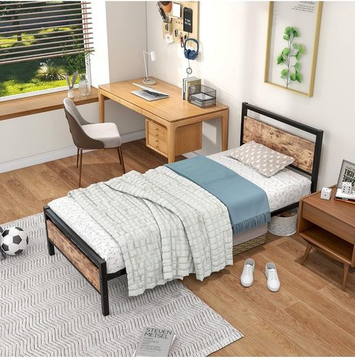 Metal Platform Bed Frame 3 FT Single with Wooden Headboard