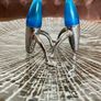 Vintage EZ ECH Centaur Salt Pepper Shakers Polished Stainless Steel Blue Space Age Design 1990s Image 3