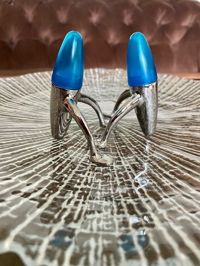 Vintage EZ ECH Centaur Salt Pepper Shakers Polished Stainless Steel Blue Space Age Design 1990s