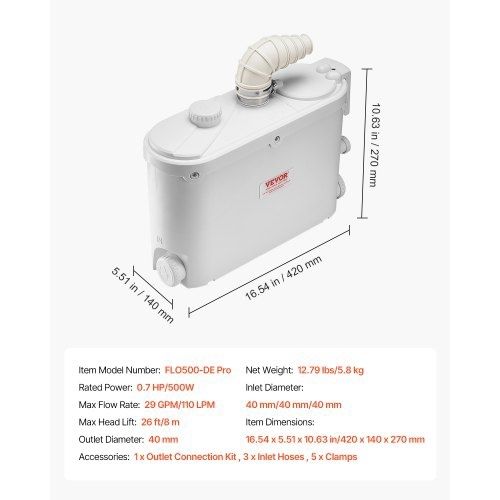 Macerator Pump, 500W, 110 L/min(29 GPM) Flow, 26 ft/8 m Head, Macerator Sewerage Toilet Pump with 4 Water Inlets, Waste Water Disposal Upflush Machine