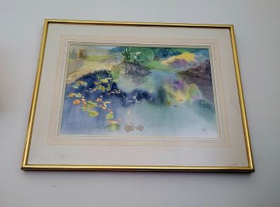 "Waterlily Pond" vintage watercolour by Clare Cryan