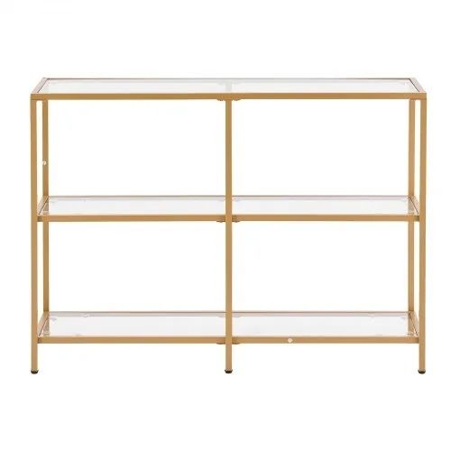 3-Tier Glass Console Table, Modern Rectangle Sofa Side Table with Tempered Glass Top and Iron Legs, Golden Consloe Desk with Anti-Tip Device for Living Room, Hallway, Entryway, Foyer, Golden