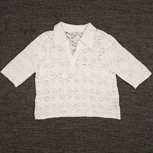 Suncoo Cream Off-White Crochet Knit Short Sleeve Polo Shirt Pointelle Top T3/12UK/40EU