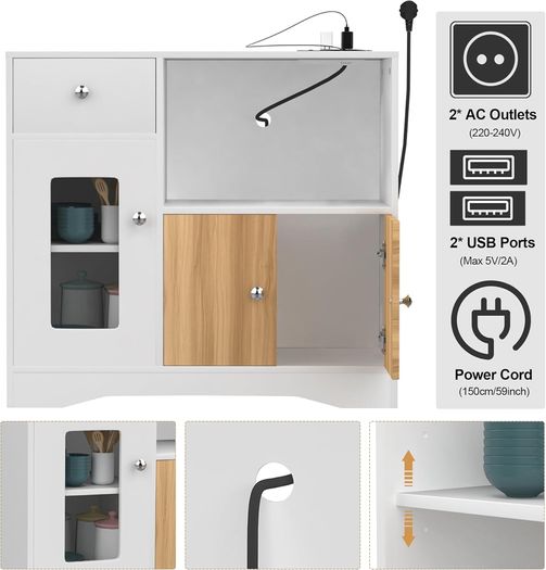 Sideboard for Kitchen, Sideboard with Socket for Microwave, Kitchen Cabinet with Drawers, Storage Cabinet for Dining Room, Kitchen, Living Room, 83 x 40 x 80 cm
