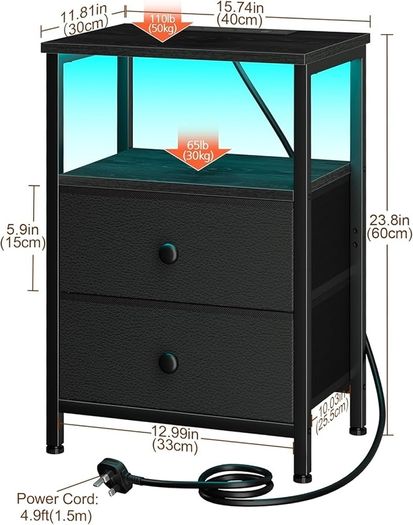 Bedside Table with LED Light, Small Side Table with Charging Station, Nightstand with 2 Fabric Drawers and Open Storage Shelf, Bedside Cabinet for Living Room, Bedroom, Black