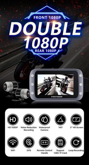 WiFi Motorcycle DVR Dash Cam 1080P+1080P Full HD Front Rear View Waterproof Motorcycle Camera GPS Logger Recorder Box