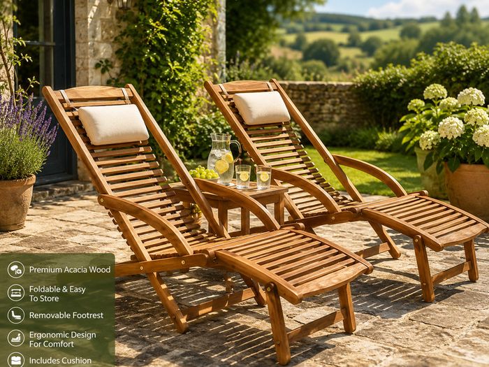 Acacia Wooden Sun Lounger Set of 2 Foldable Garden Recliners with Cushions