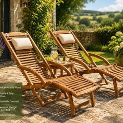 Acacia Wooden Sun Lounger Set of 2 Foldable Garden Recliners with Cushions