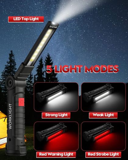 LED Torch Rechargeable Work Light, Emergency Inspection Lamp 360 Rotate Mechanic Light with Magnetic Base Hook (2 Pack, Black)