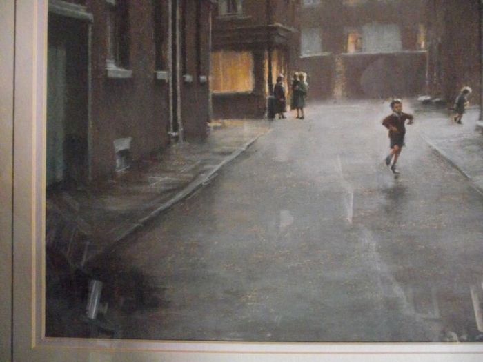 Marc Grimshaw - Original Pastel of - Children In A Rainy Street - Signed