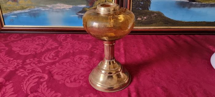 Vintage 21 Inches Tall Brass Double Burner Victorian Oil Lamp With Amber Glass Oil Font And With White Opaque Fluted  Glass Globe Shade