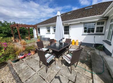 Patio Table, Chairs, parasol and base