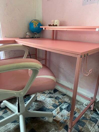L Shaped Desk with Power Outlets & LED Lights & Pink Gaming Chair for Girls