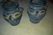 Set of 2 tripe pottery hand carved and collared vases15 cm. tall