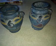 Set of 2 tripe pottery hand carved and collared vases15 cm. tall