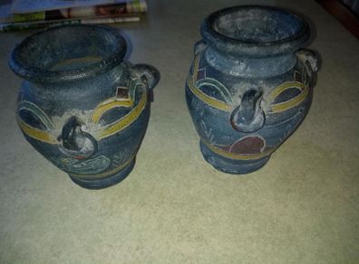 Set of 2 tripe pottery hand carved and collared vases15 cm. tall