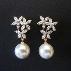 Flower Petal Faux Pearl Drop Rose Gold Earrings